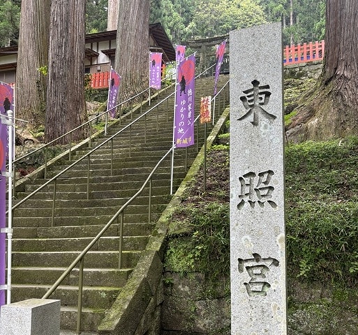 苔むした石段と東照宮と書かれた石柱