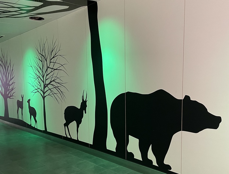 地下道の壁に描かれたクマや鹿など動物のシルエット